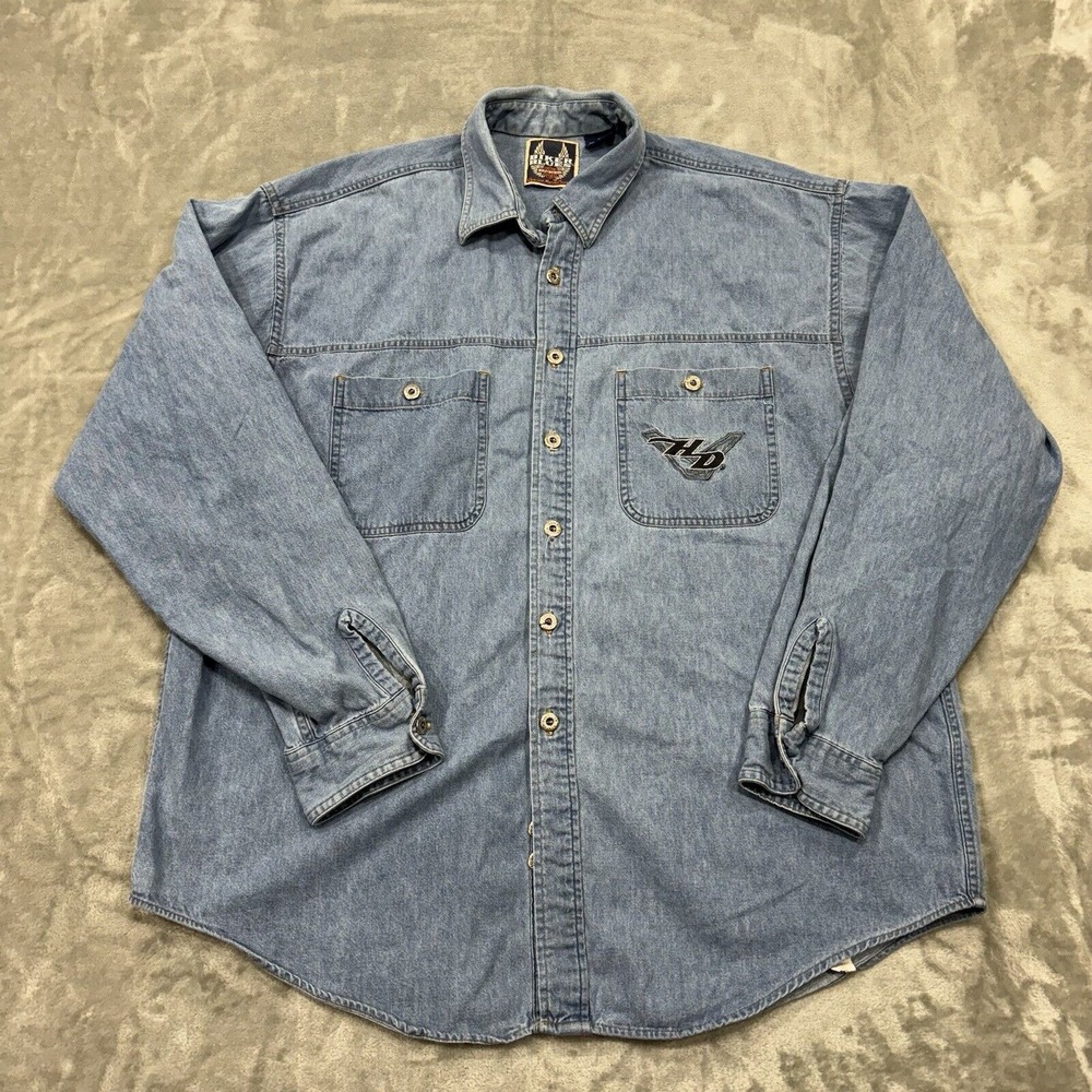 Vtg Harley Davidson Shirt Mens XL Denim Long Sleeve Button Biker Blues USA Logo